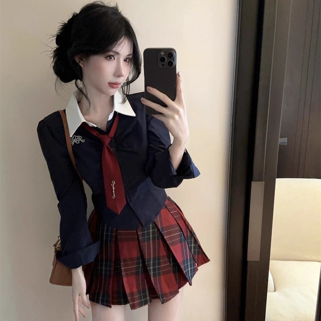 SENYOUMAI Setelan JK Cewek Seksi Busana Pedas Manis Kemeja Lengan Panjang Atasan Rok Lipit Pinggang 