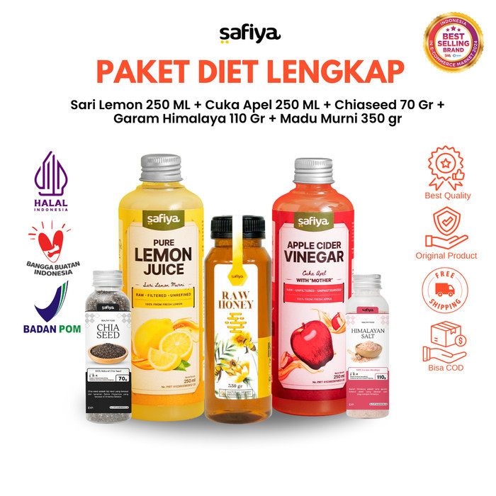 

Safiya Paket Komplit 5in1 Cuka Apel 250 ml + Lemon 250 ml + Chiaseed + Garam + Madu Murni