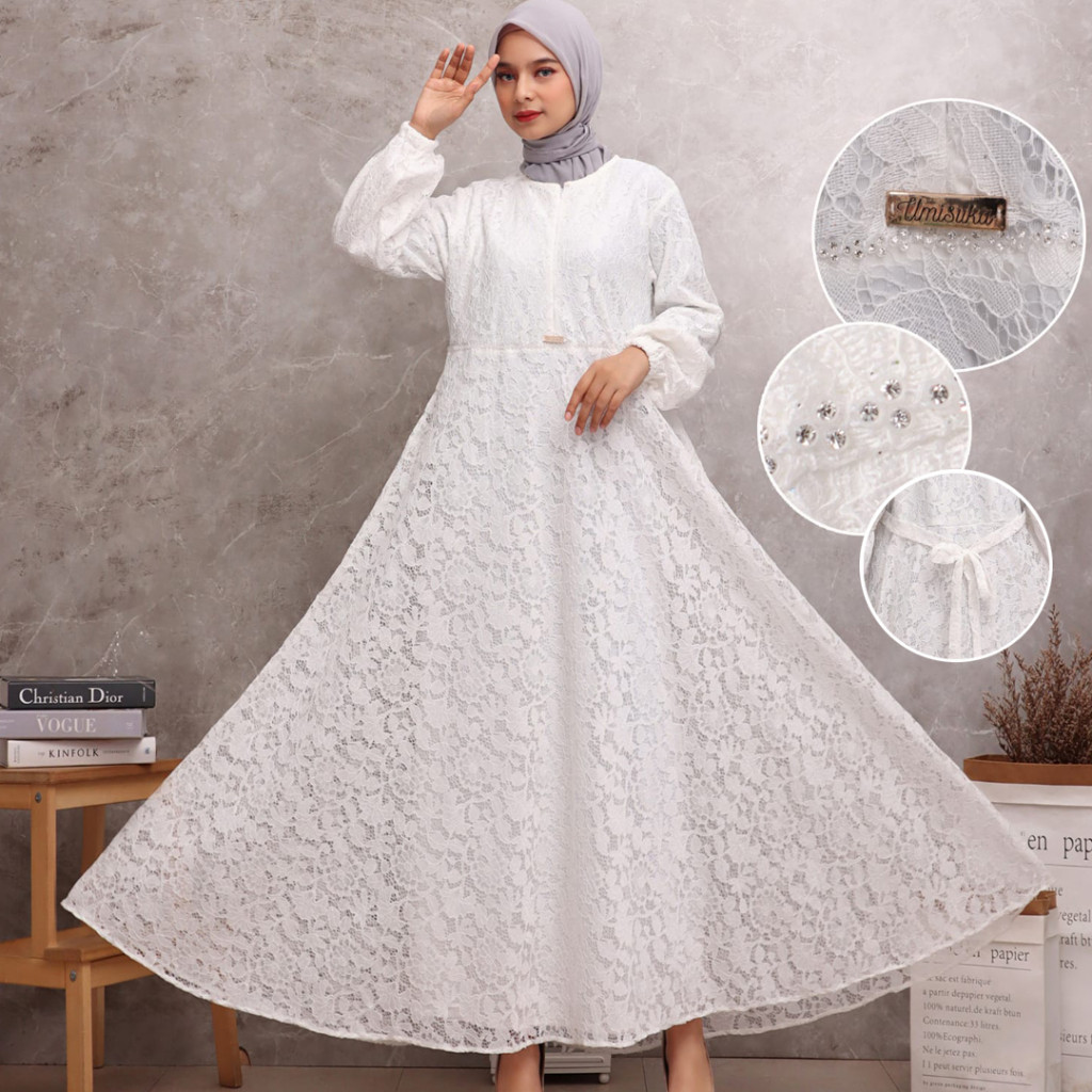 PREMIUM Gamis Putih KKUM OFFICIAL Baju Lebaran Umroh Haji Busana Muslim Hijab Dress Brukat AGNES