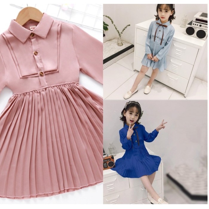 Plisket Dress Anak Perempuan Biru Gaun Anak Plisket Lipit