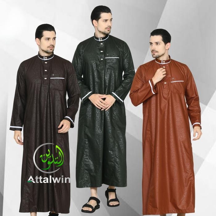 Gamis Jubah Baju Koko Pria Dewasa Muslim Bahan Katun Poliester Emboss 2 Bervariasi Lengan Panjang