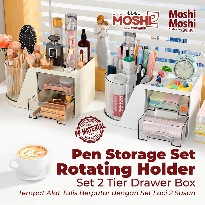 

HOT SALE! Pen Storage Set Rotating Holder 2 Tier Stationery Drawer Box Tempat Peralatan Tulis