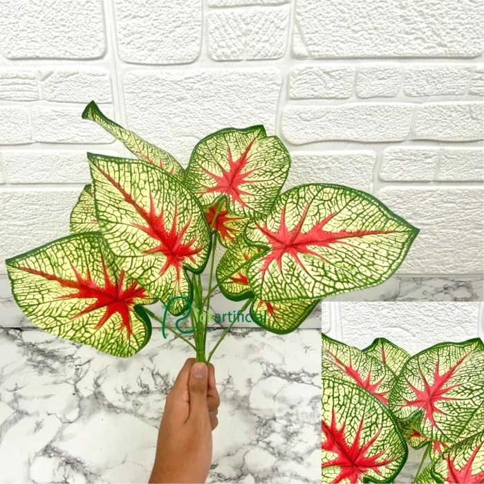 DAUN SRI REJEKI SEMI LATEX HIJAU MERAH ARTIFICIAL TANAMAN POHON HIAS