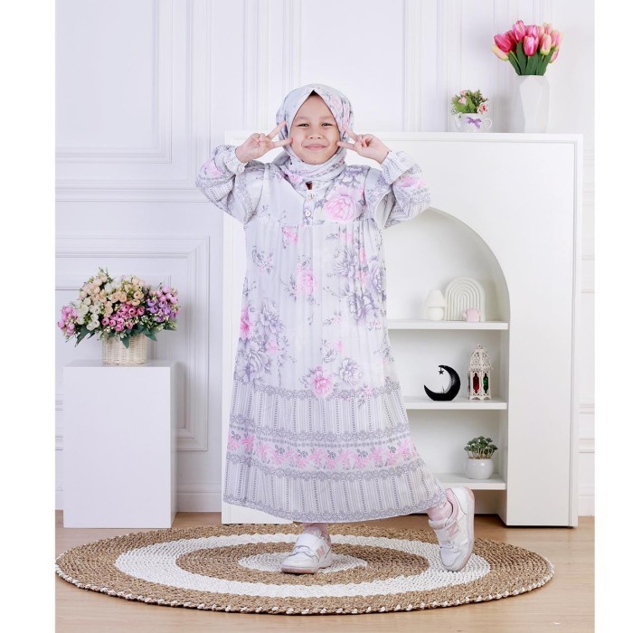 Produk Unggulan Dungdungkids Gamis Anak Vanesha Ceruty Motif Bunga Plisket Free Jilbab Segi Empat 5