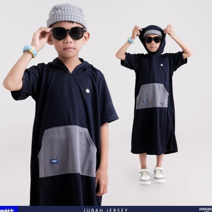 Gamis Jubah anak laki-laki muslim polos bahan kaos Jersey plus hoodie