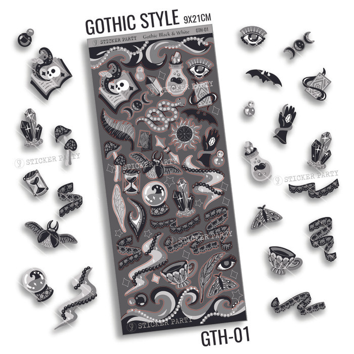 ;&;&;&;&] Sticker Party Stiker Gothic Hitam Putih Monochrome Deco GTH01