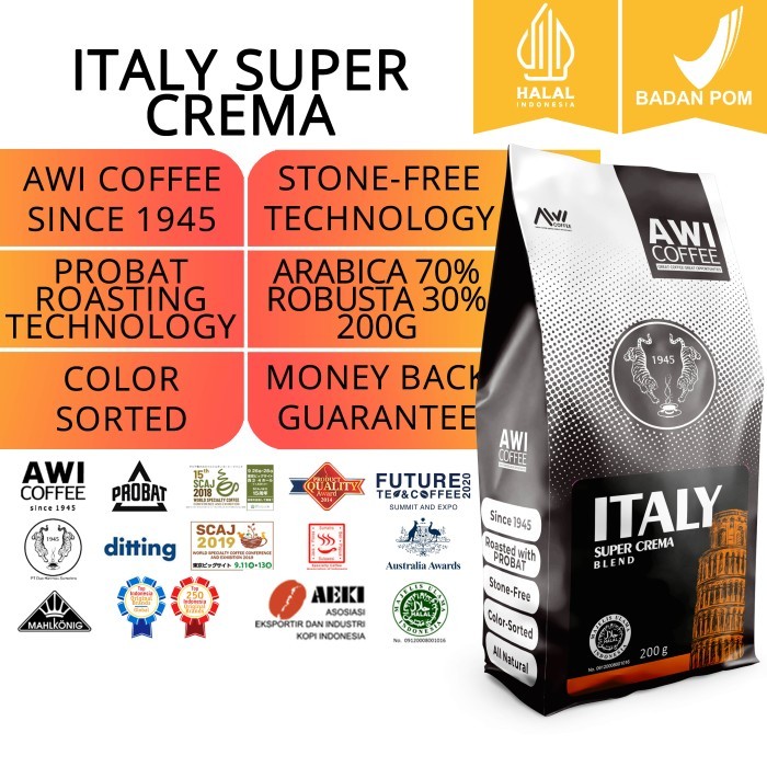 

Awi Coffee Italy Super Crema Blend For Cafe 200Gr Biji/Bubuk
