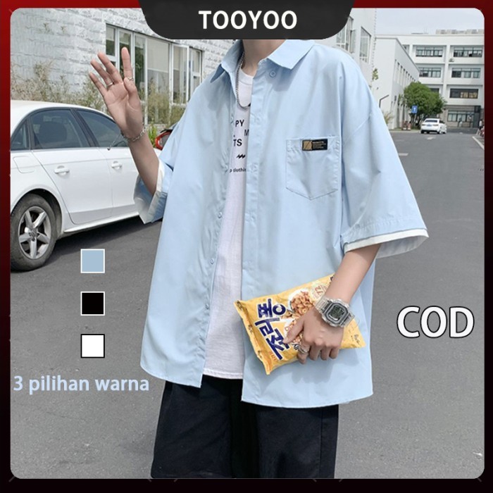 TERLARIS KEMEJA PRIA LENGAN PENDEK OVERSIZE KEMEJA BIRU COWOK KASUAL KOREAN STYLE KEMEJA LONGGAR