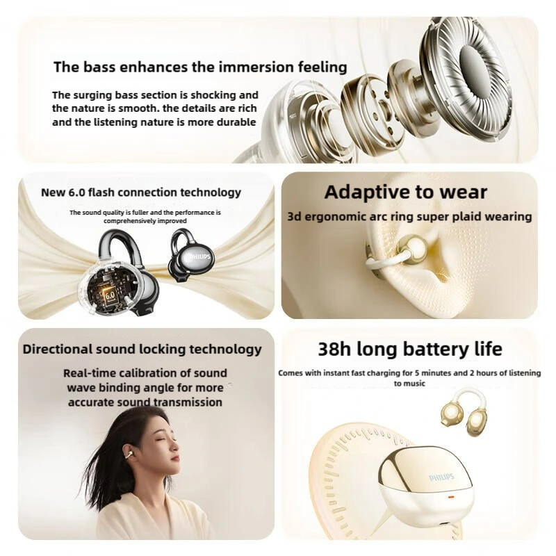 PHILIPS Clip TWS Clip On Open Ear True Wireless Earbuds TAT3469 Office TWS Earphone Bluetooth 5.4 38