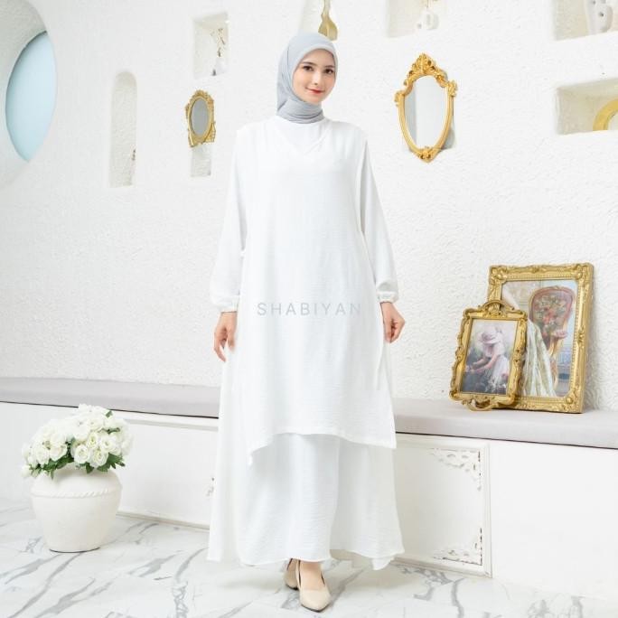 SHABIYAN GAMIS PUTIH OUTER SET DRESS CRINKLE AIRFLOW | NADRA 437 GAMIS LEBARAN 2025 DRESS MODEL TERB