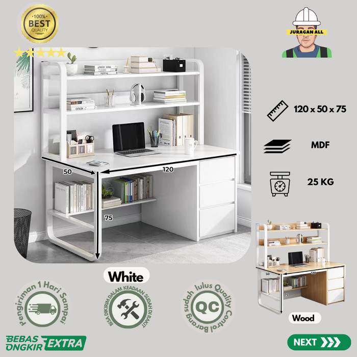 MEJA KERJA MINIMALIS/MEJA KANTOR LACI/MEJA BELAJAR/MEJA KOMPUTER 120CM + RAK ATAS - PUTIH
