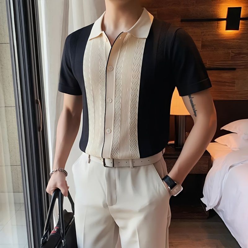 Kaos rajutan lengan pendek pria Korea Slim kerah berongga kerah setengah lengan kardigan POLO Inggri