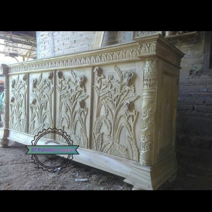 Bufet Hias Ruang Tamu Jati Mentahan - Meja Tv Lemari Pendek Ukir Bunga