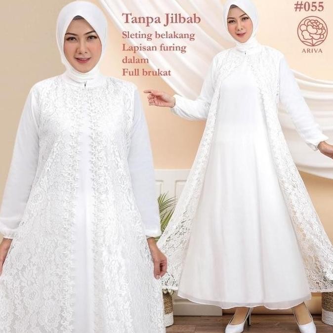 Gamis Putih Muslim Wanita Dress Brukat Lebaran Haji Umroh Manasik 055 Moshiebunns_