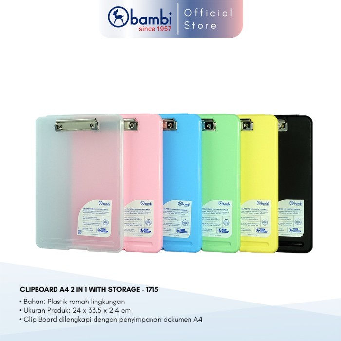 

TERPERCAYA BAMBI PAPAN JALAN / PAPAN UJIAN / CLIPBOARD A4 2 IN 1 WITH STORAGE KODE 877