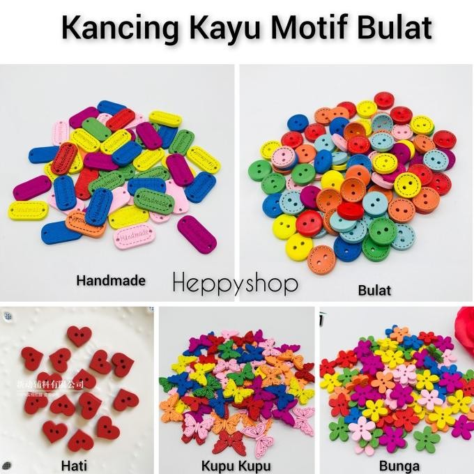 

$$$$] Kancing Kayu Warna Bentuk Bulat Hati Bunga Kupu Handmade