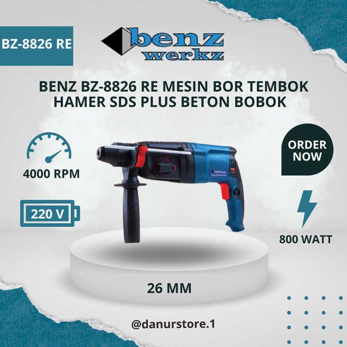 BENZ BZ-8826 RE Mesin Bor Tembok Hammer Sds Plus Beton Bobok Tembok