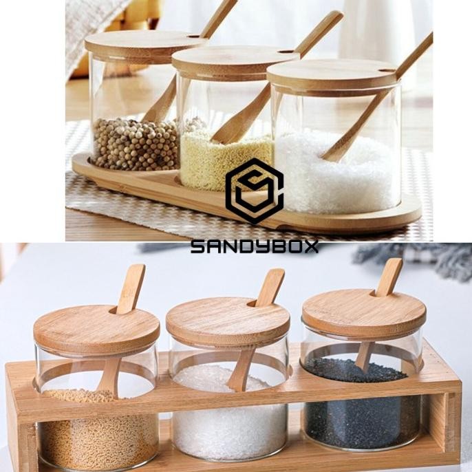 Toples bumbu tutup kayu estetik, TEMPAT BUMBU 3 SET PCS