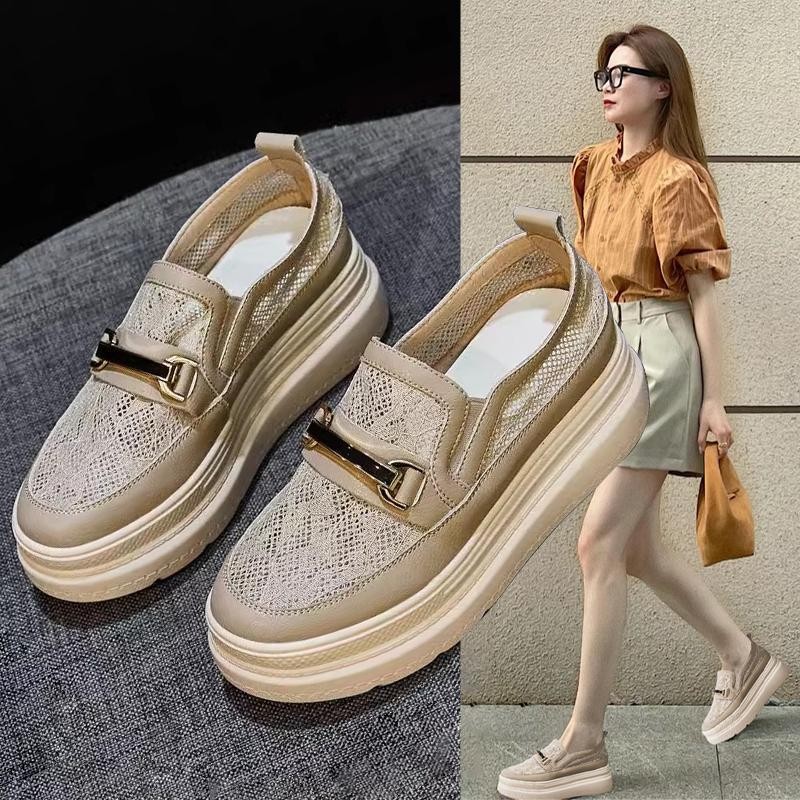 Sepatu Nelayan Jala Bernapas Wanita Sol Tebal Loafers Santai Slip-On