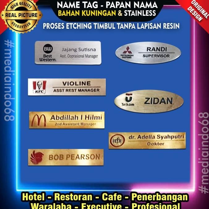 

Sale Nametag/Papan Nama/Namadada Luxury/Proses Etching Timbul-Bahan Stainless/Kuningan