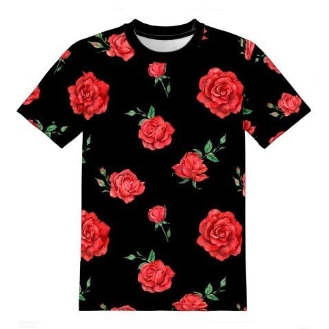 Kaos Dewasa Full Print Bunga Mawar Latar Hitam Microfiber