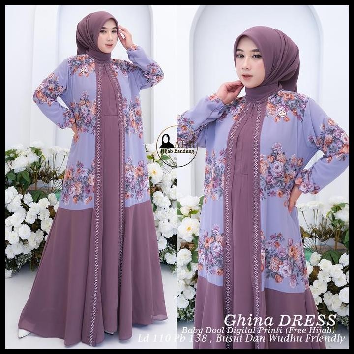 Terlaris Dress Ghina Gamis Ceruty  Mix Ceruty Print Full Furing Busui Dan Wudhu Friendly Kerudung Se