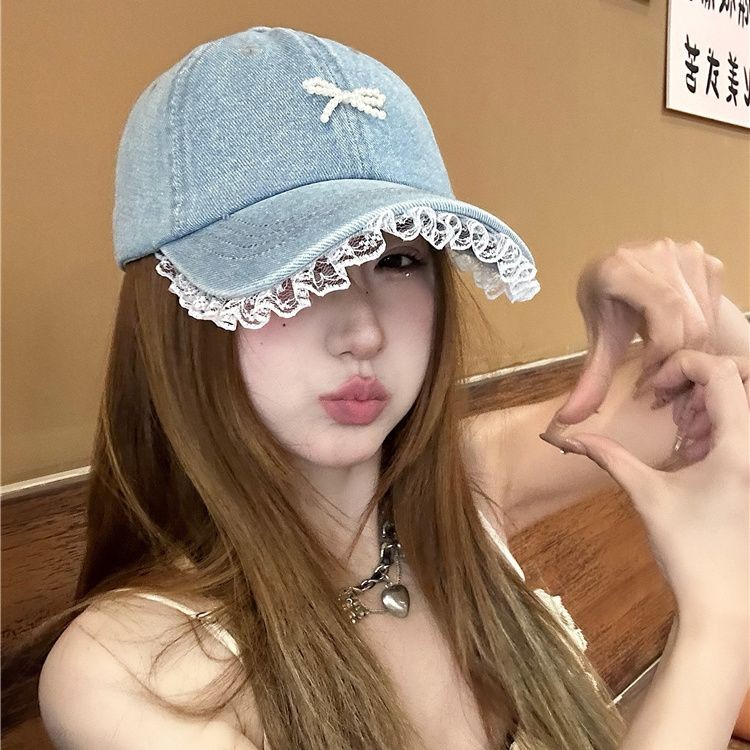 [Cream Winnie]Topi baseball denim pita mutiara renda manis dan lucu gaya Korea untuk wanita