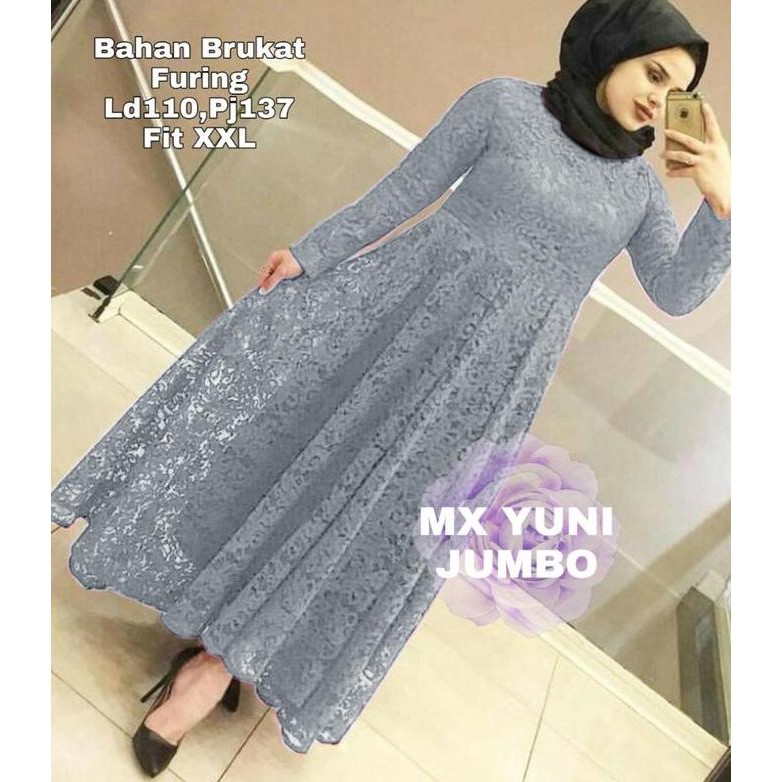 Geulis Maxi Gamis YUNI Brukat + Furing M, L, XL, XXL JUMBO REAL PIC terbaru Fit Muslim Pesta  Lebara