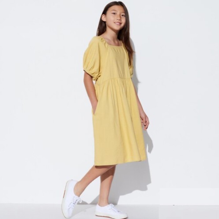 UNIQLO Kids Dress Gaun Anak Perempuan Linen Blend Gather Yellow