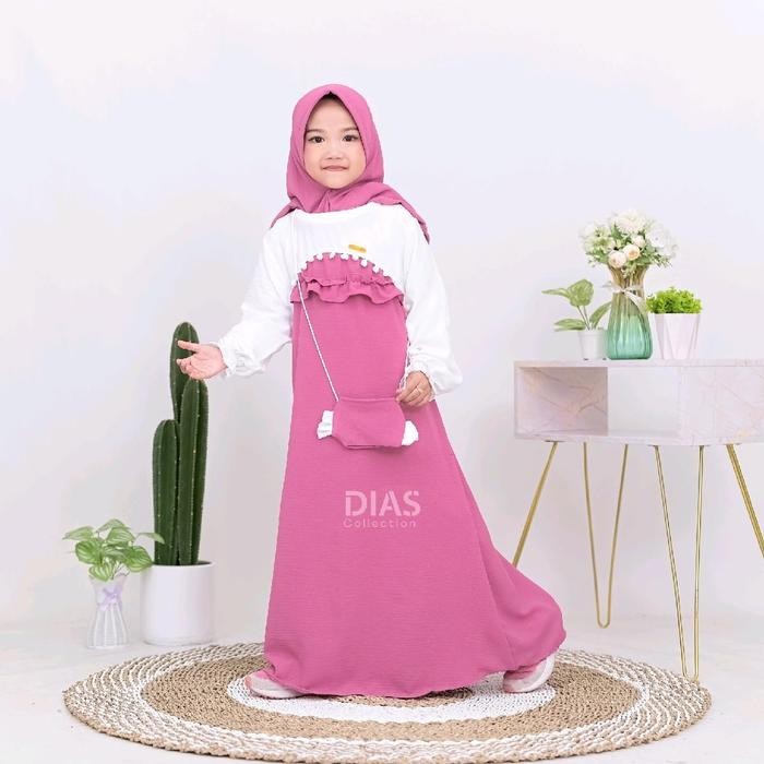 Gamis Set Hijab Baju Muslim Anak Perempuan Model Pom Pom Setelan Kerudung Anak Perempuan Bordir