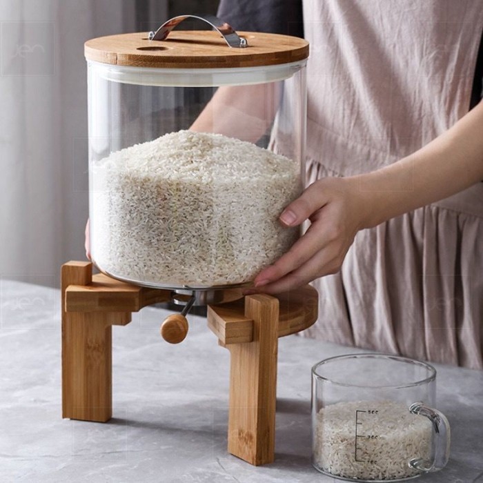 Dispenser Beras Kaca Estetik Dengan Kayu Wooden Rice Box Serbaguna