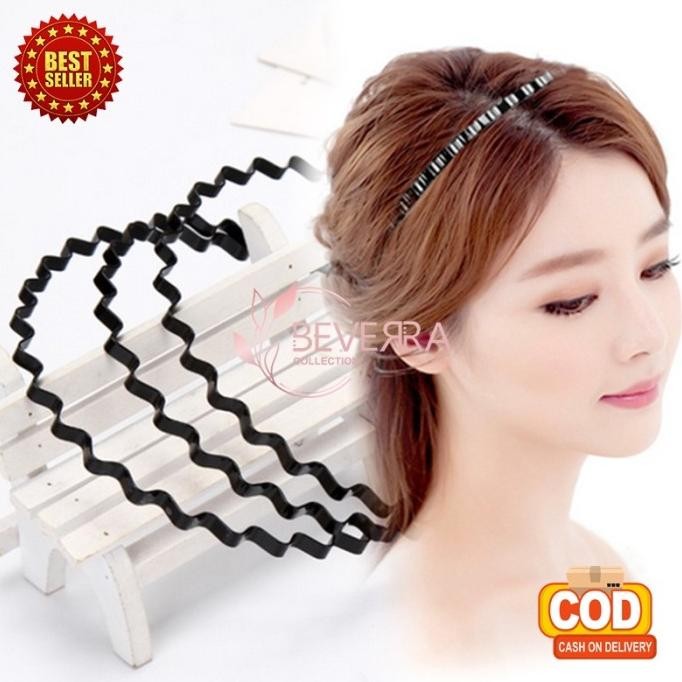 Bando Korea Perempuan Dewasa Bentuk Gelombang Zigzag Hitam Polos Banda