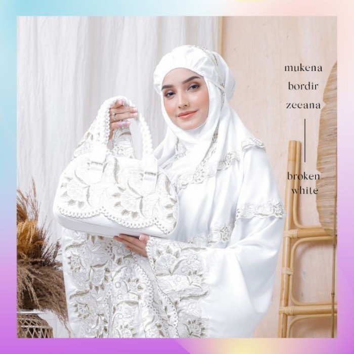 Mukena Dewasa Semi Sutra Velvet Bordir Zeeana Mukenah Terbaru Putih Asli 100%