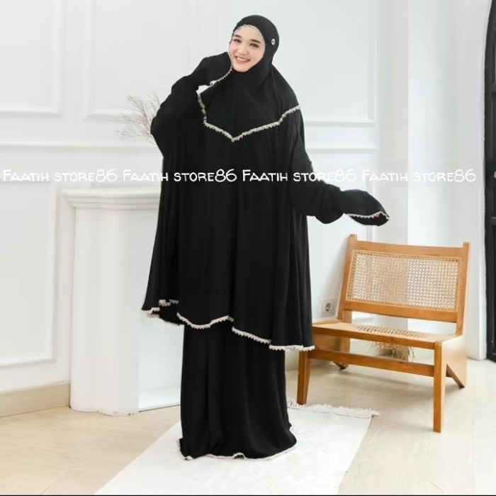 Mukena Umroh Rayon Twill Stelan Berlengan Renda Cantik Mukenah Jumbo Bersaku Asli 100%
