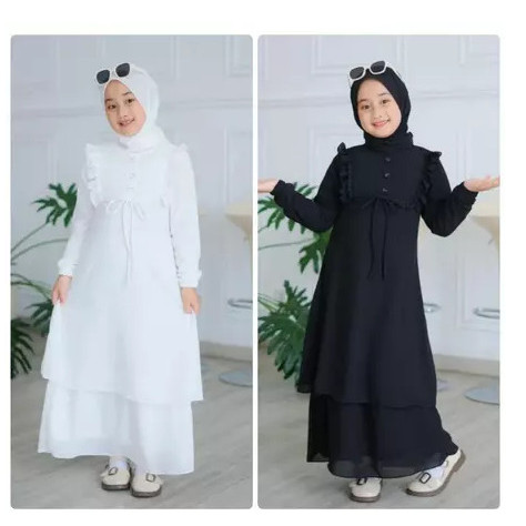 GAMIS ANAK PUTIH HITAM PEREMPUAN 6-12 THN CERUTY SET PASHMINA TERBARU