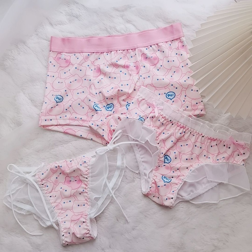 Couple Underwear Pink Pig Sexy Underwear Men Boxer Women Triangle Lace Mesh