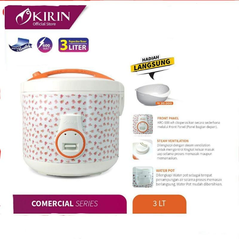Rice Cooker Kirin KRC-188 WH Magic Com Kirin 3L