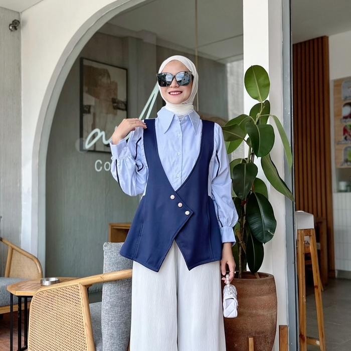 Kemeja Rompi Rebecca Wanita Busui Muslim Kekinian Navy Cloth Katun Mewah Fashion Hijab