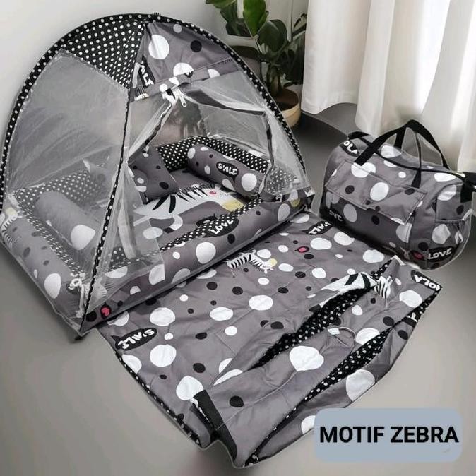 Fullset Kasur bayi kelambu tenda motif Zebra + Tas + Gendongan | Kasur bayi 1 set lengkap | Kasur ba