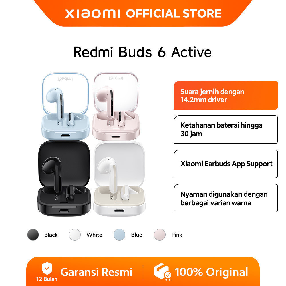 Xiaomi Redmi Buds 6 Active | Google Fast Pair | Baterai Hingga 30 Jam | Audio Spasial | IPX 4 [Offic