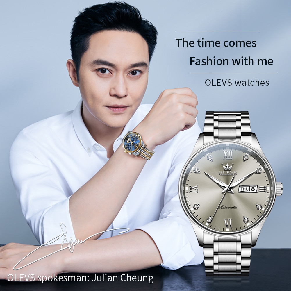 OLEVS 9955 Mens Watch Simple Casual Automatic Mechanical Wristwatch Waterproof Stainless Steel