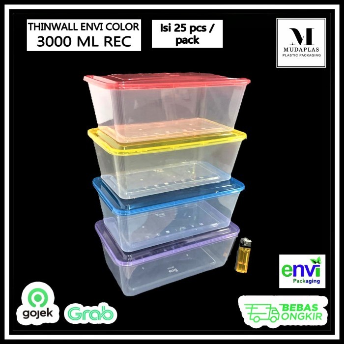 READY KOTAK MAKAN PLASTIK THINWALL WARNA 3000 ML RECTANGLE ENVI ISI 25 PCS