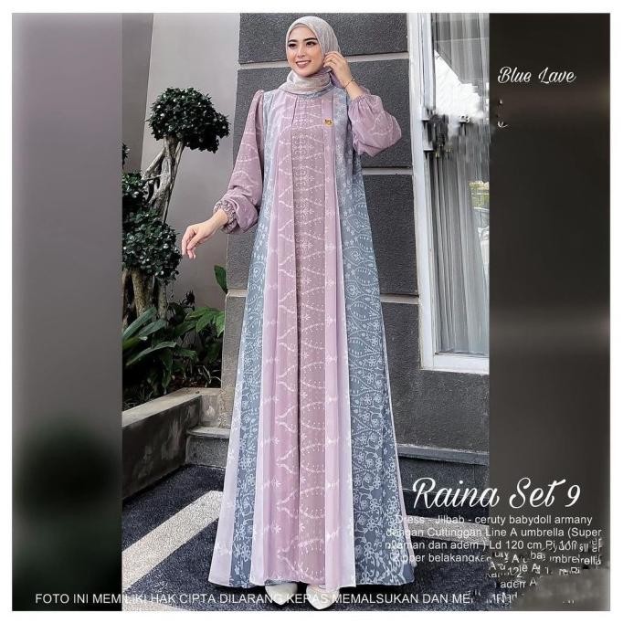 Baju Gamis Wanita Muslim Raina 9 Set Jilbab Dress Ceruti Motif Cantik Fashion Perempuan Dewasa Remaj