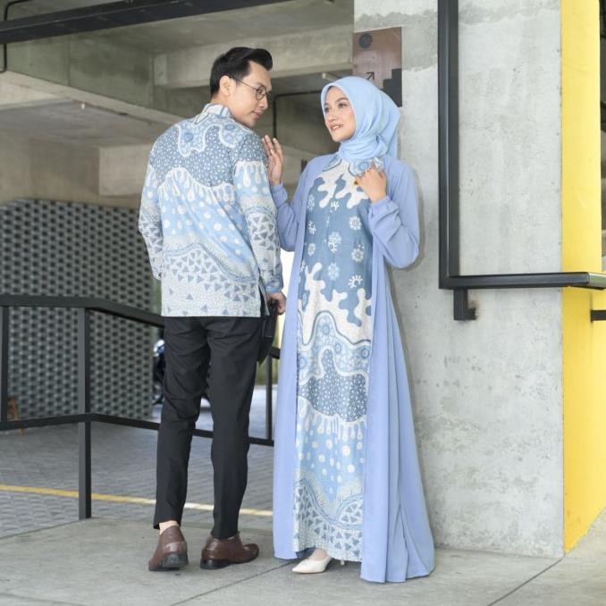 NK BATIK GAMIS SYARI CUNDAMANI JUMBO  COUPLE MAXY DRESS SKY BLUE Terbaru