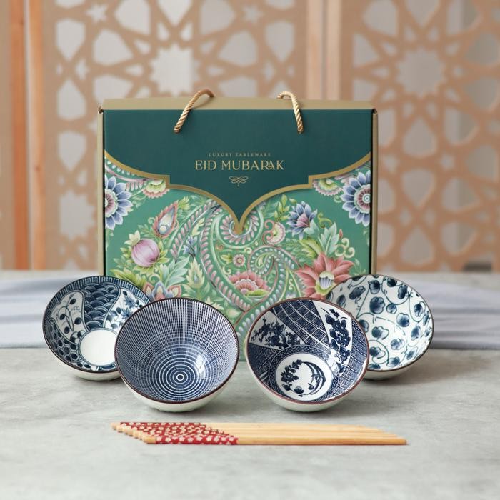 

New! Hampers Mangkok Set Lebaran Premium Peralatan Makan Keramik Souvenir Dining Set Parsel Lebaran - 4 MANGKOK OKURI Idul Fitri