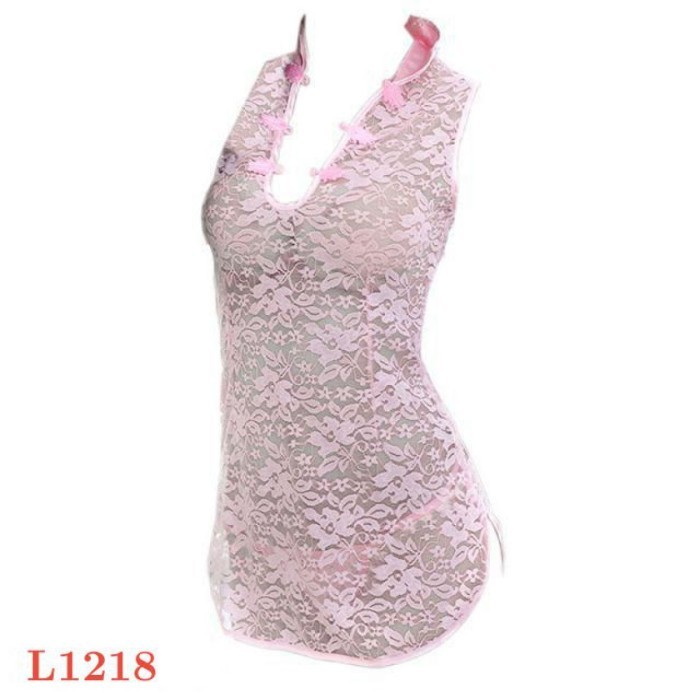 L1218 Costume Cosplay Sexy Cheongsam Chinese Lace Pink Transparan Hot