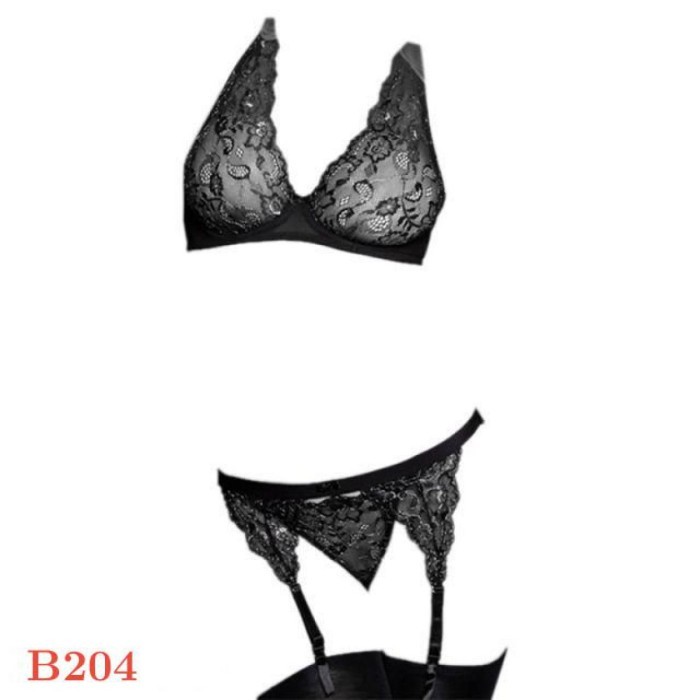 B204 Bra Set Sexy Bikini Bralette Hitam Transparan Cd Garter Stocking