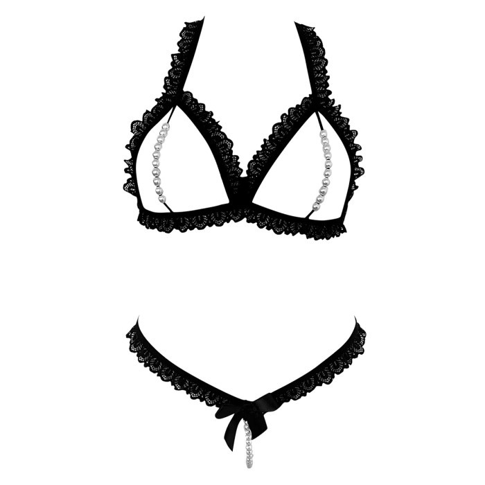 B362 Pakaian Dalam Bra Set Bralette Sexy Hot Bh Halter Open Cup Cd Mutiara Hitam Seksi