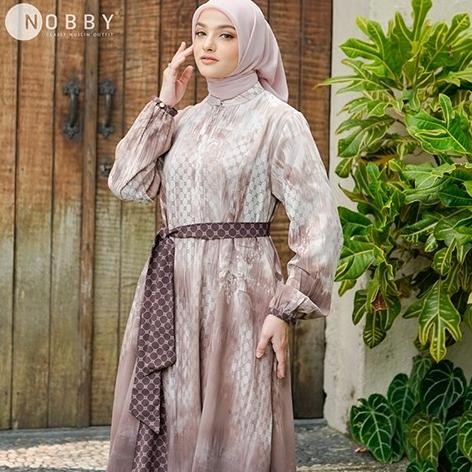 Nobby Dress Gamis Motif Muslim Terbaru Busui Wudhu Friendly Bahan Polly Stretch Sand Triani Dress