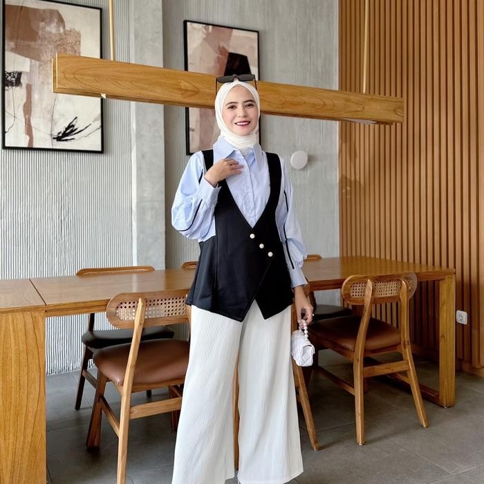 KEMEJA ROMPI REBECCA WANITA BUSUI MUSLIM KEKINIAN NAVY CLOTH KATUN MEWAH FASHION HIJAB
